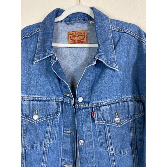 Levis Blue Denim Jean Jacket Womens Plus Size 1X Tracker Button Pockets Moto - Picture 12 of 16